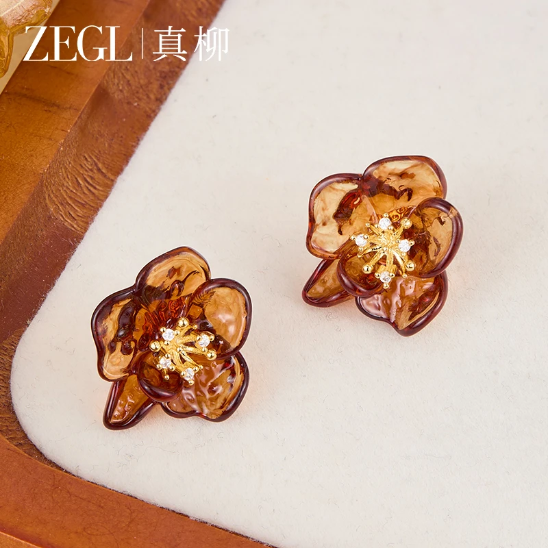 ZEGL 镀K金【花间酌月】真柳百搭花朵耳环小众新款设计耳针耳坠