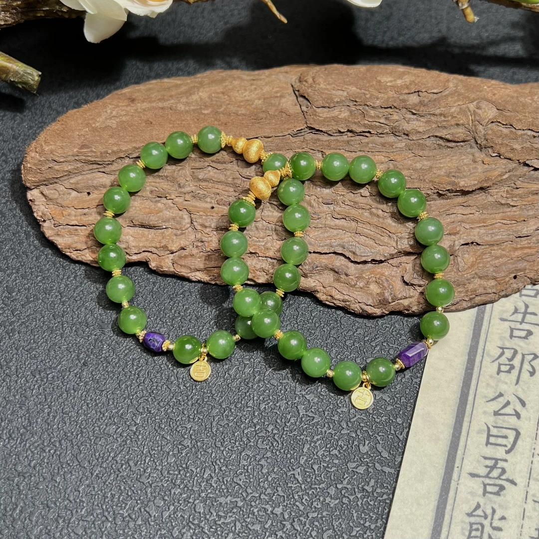 【北野珠宝】纯天然和田玉碧玉diy手串B164H-52多样性发一8mm