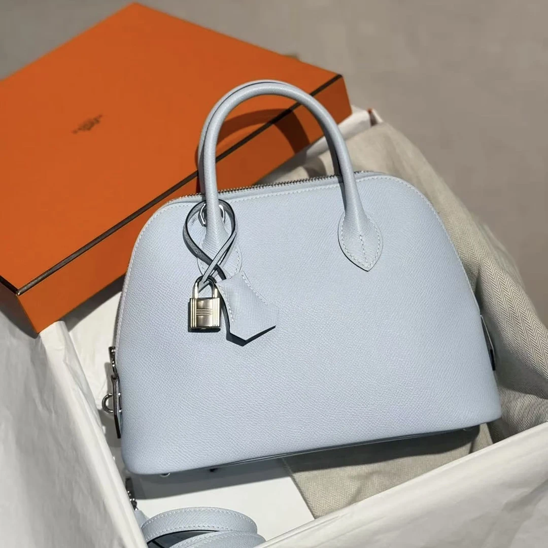 99新 Hermes/爱马仕 保龄球25雾霾蓝银扣e皮z单肩包