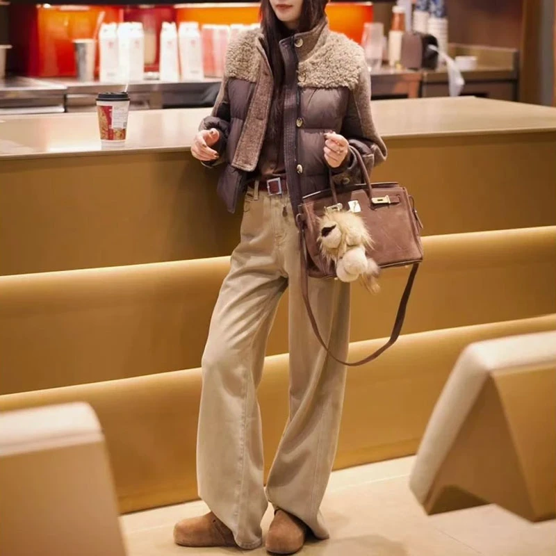 2025新款设计感慵懒风撞色外套拼接保暖加厚棉服女