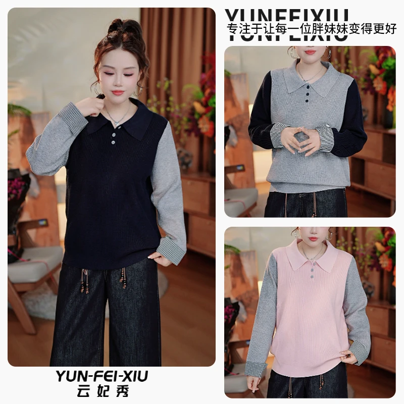 云妃秀大码女装针织衫POLO领撞色袖宽松显瘦遮肉胖妹妹秋季23391