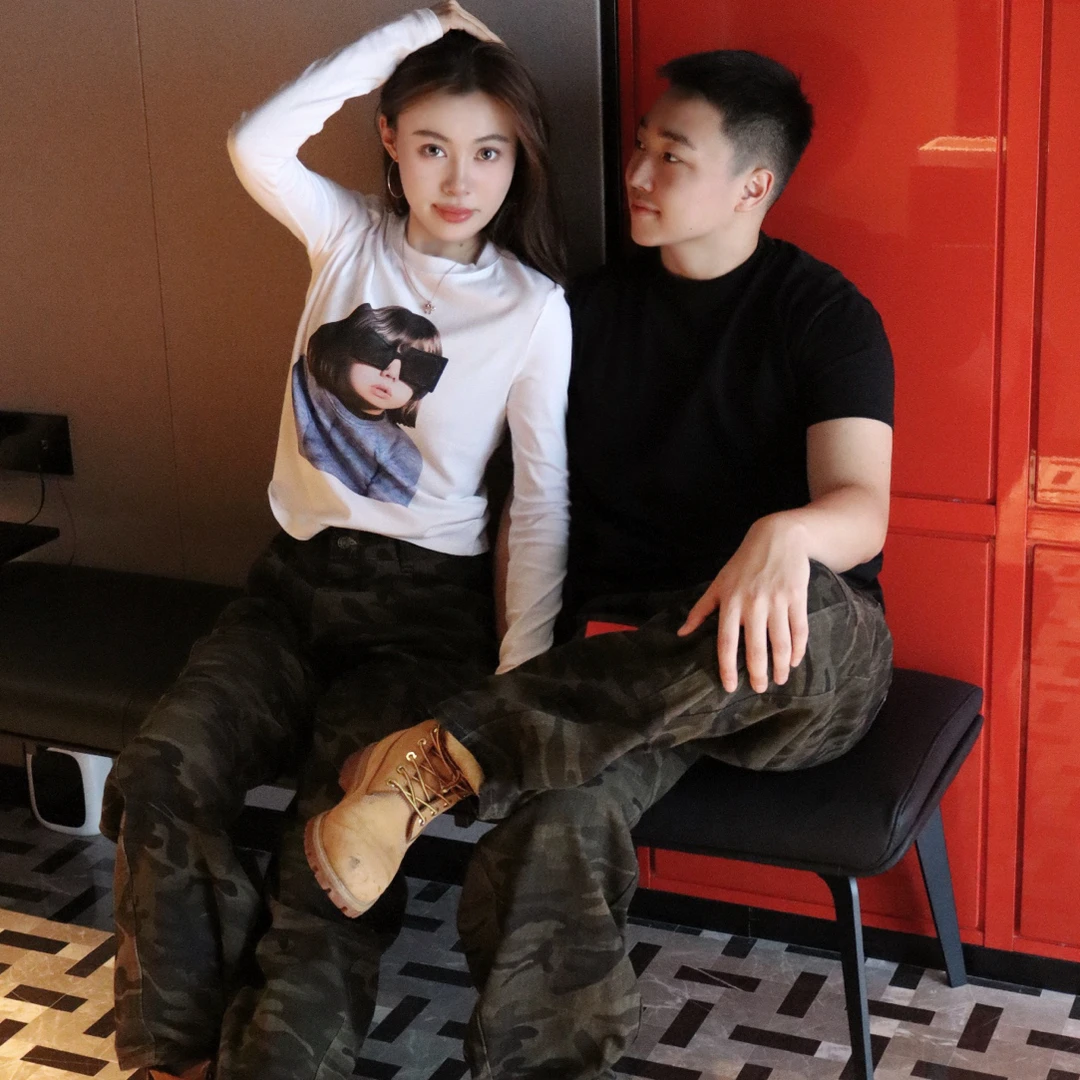 迷彩复古牛仔裤显腿长工装裤水洗迷彩休闲裤春秋城市休闲风春秋季