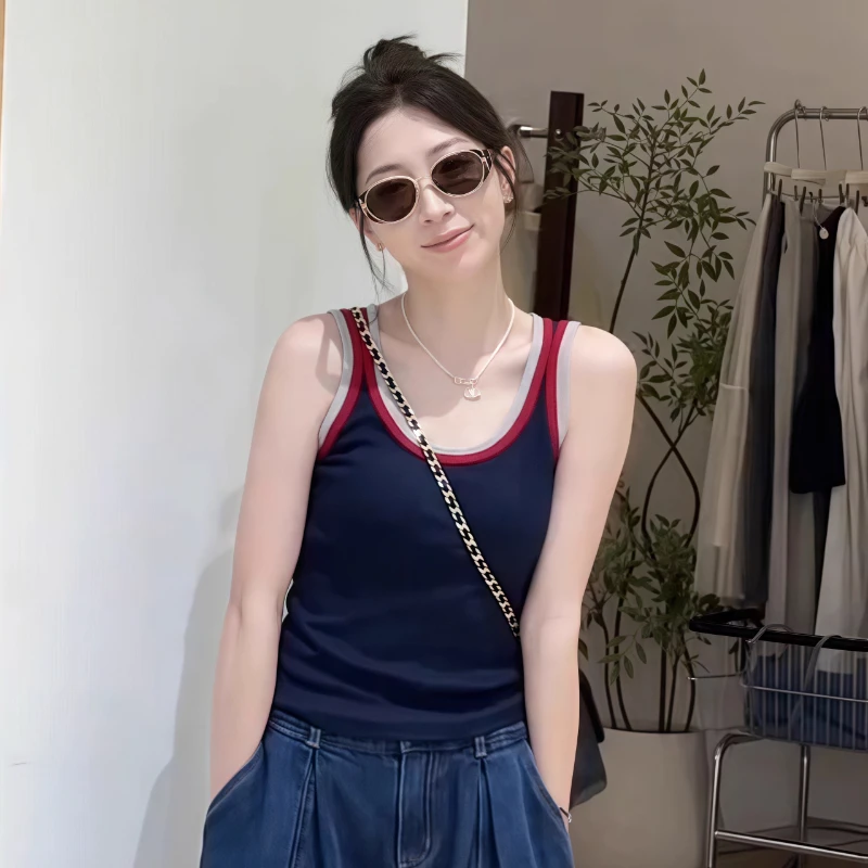 2025夏季新款女士小众设计感拼色吊带背心小个子洋气显瘦内搭上衣