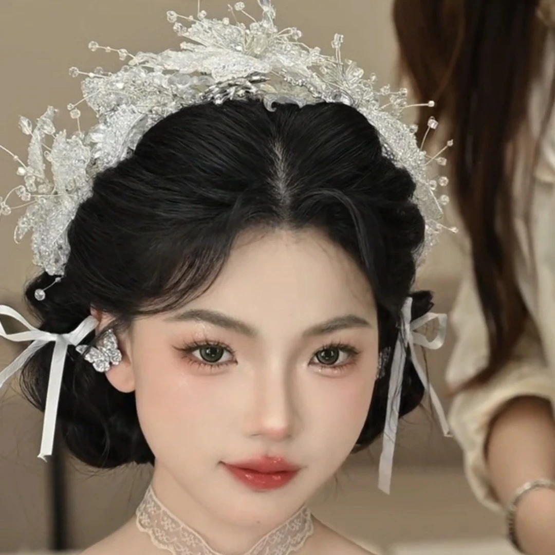 7884水晶造液花发箍头饰新娘结婚西式套装蝴蝶结发饰仙气