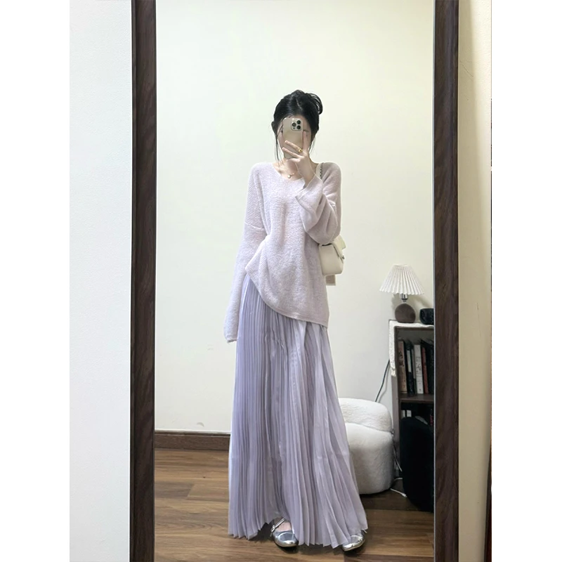 2025春季新款小香温柔风紫色针织衫女韩系慵懒风穿搭半身裙套装