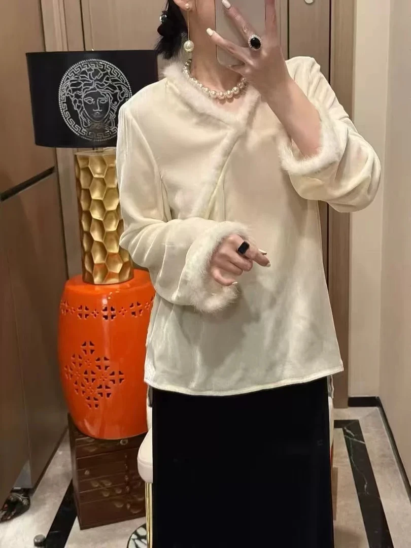 新中式国风真丝丝绒衬衫拼接水貂毛套头上衣宽松喇叭袖衬衣