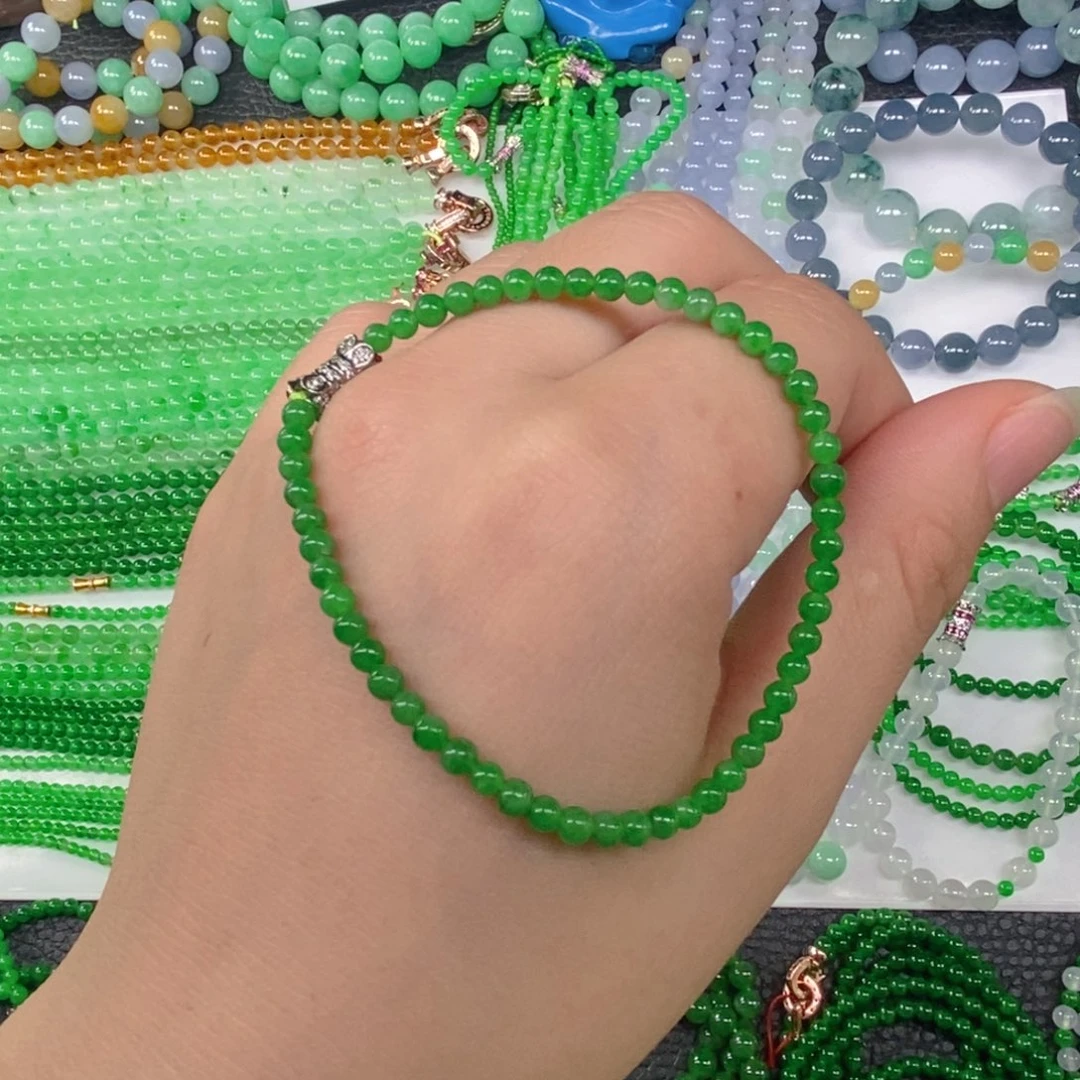 颈饰未镶嵌翡翠缅甸天然翡翠阳绿小米珠手链3.6