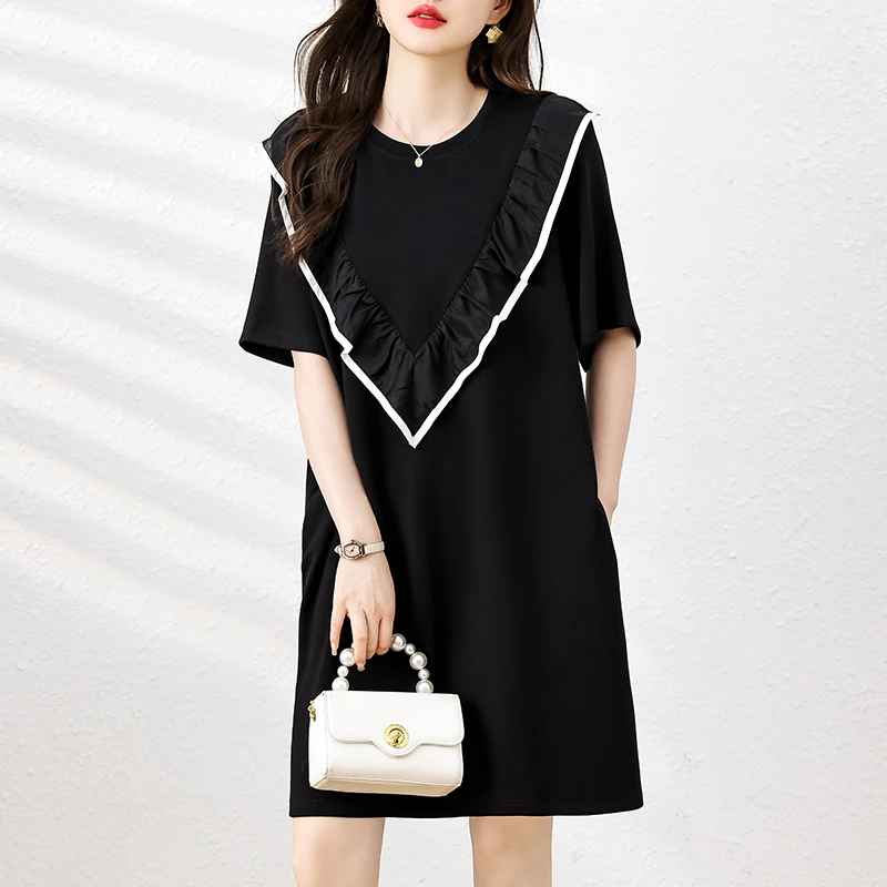 法式拼接设计感连衣裙女2025夏季新款大码宽松显瘦简约休闲直筒裙