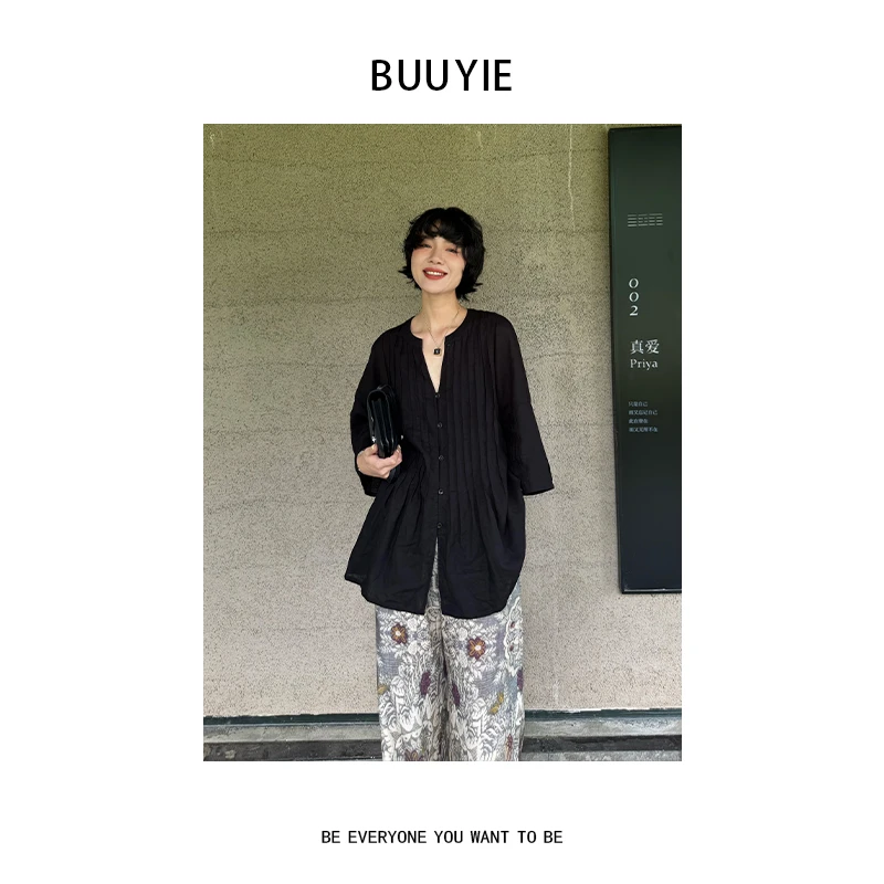 BUUYIE 25SS【素曛】重工压褶休闲高级设计感黑色衬衫 250485