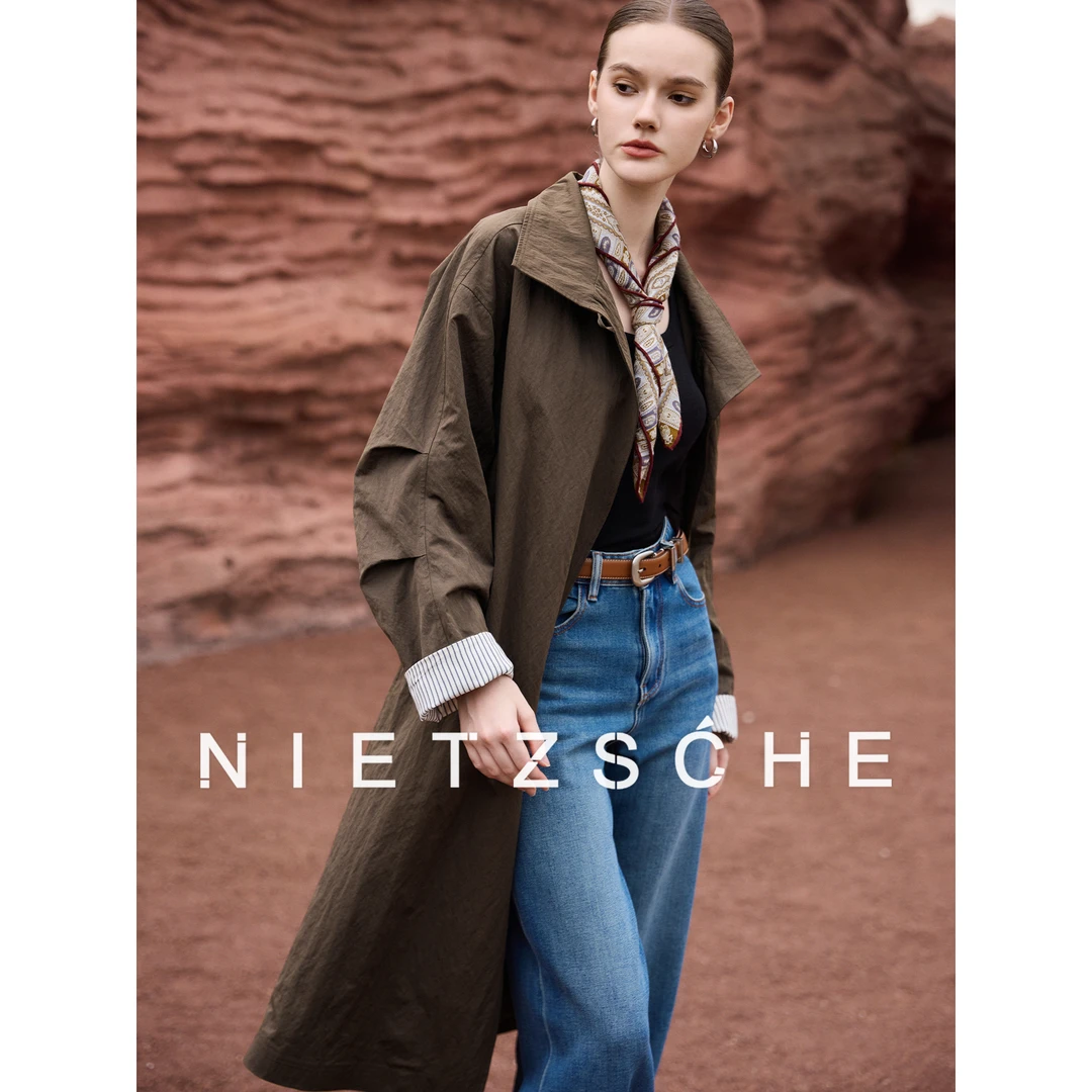 尼采官方直营｜咖啡糖风衣｜美式老钱经典廓形长款百搭风衣50198