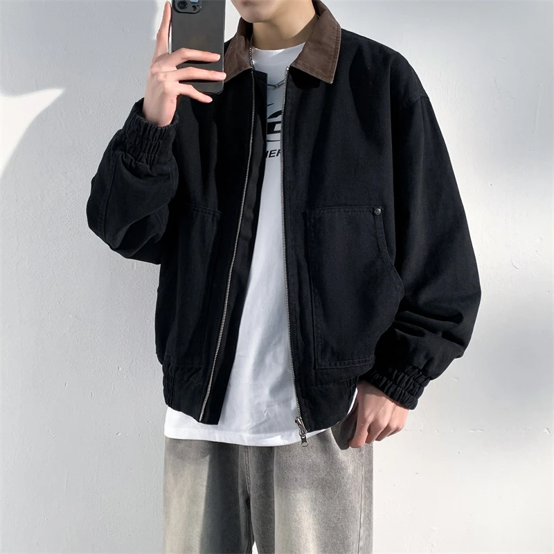 翻领纯棉夹克男士大口袋红潮流时尚双向拉链百搭休闲时尚胖子外套