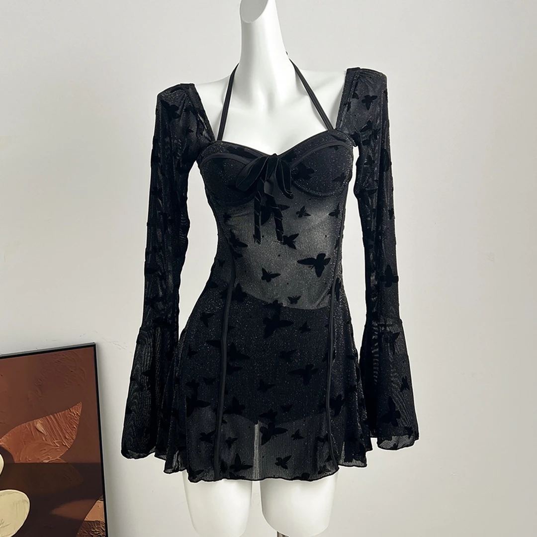 【黑蝴蝶】2025新款蝴蝶蕾丝长袖钢圈胸垫平角短裤泳衣女款遮肚显瘦