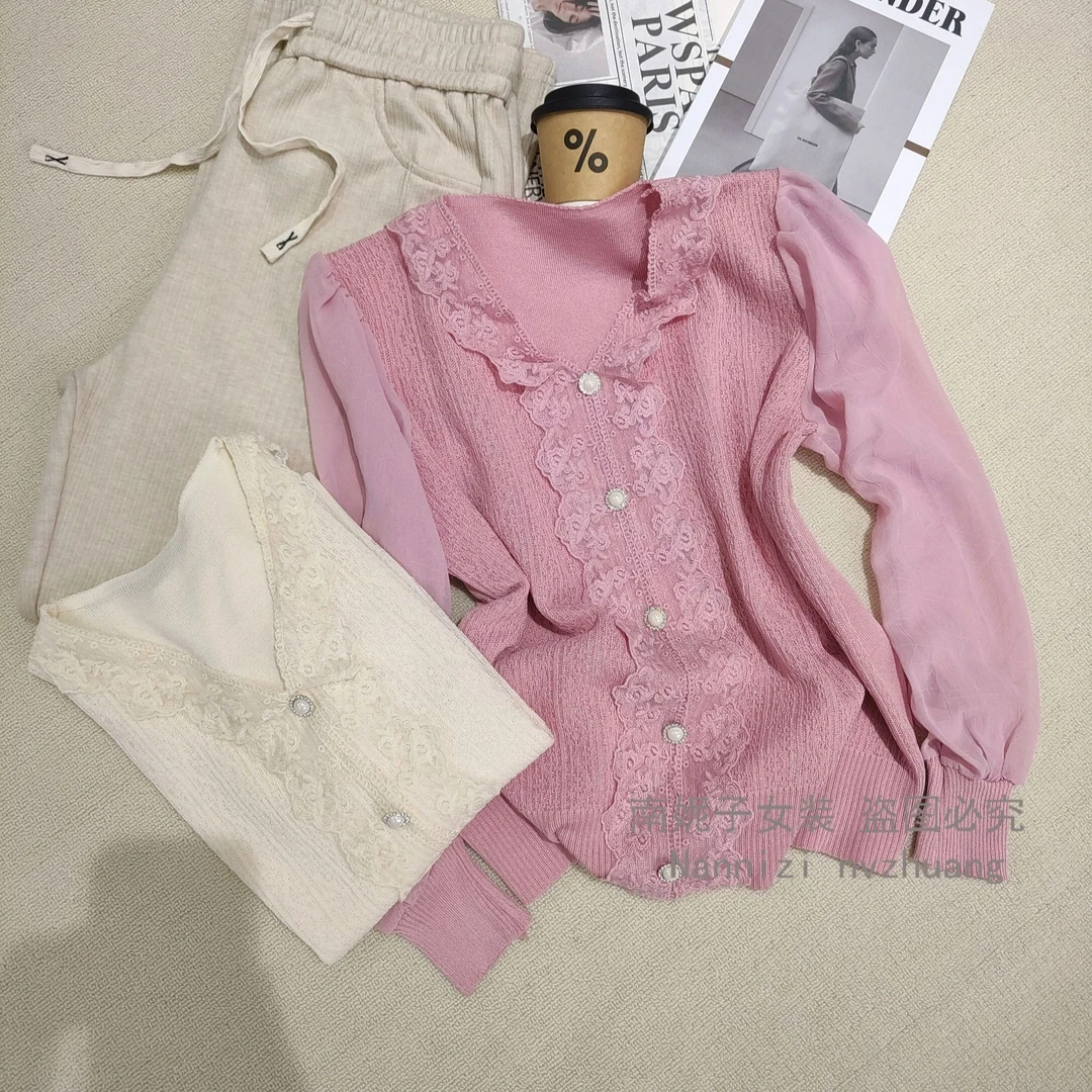 南妮子女装严选2025春季纱袖新款甜美假开衫时尚百搭针织衫LN8520