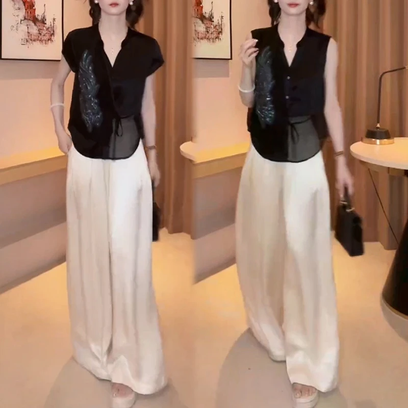 新中式国风套装女夏季新款系带V领刺绣衬衫高腰阔腿裤轻奢两件套