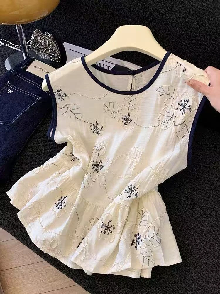 高级设计感法式刺绣高级感无袖上衣女夏季显瘦气质背心娃娃衫