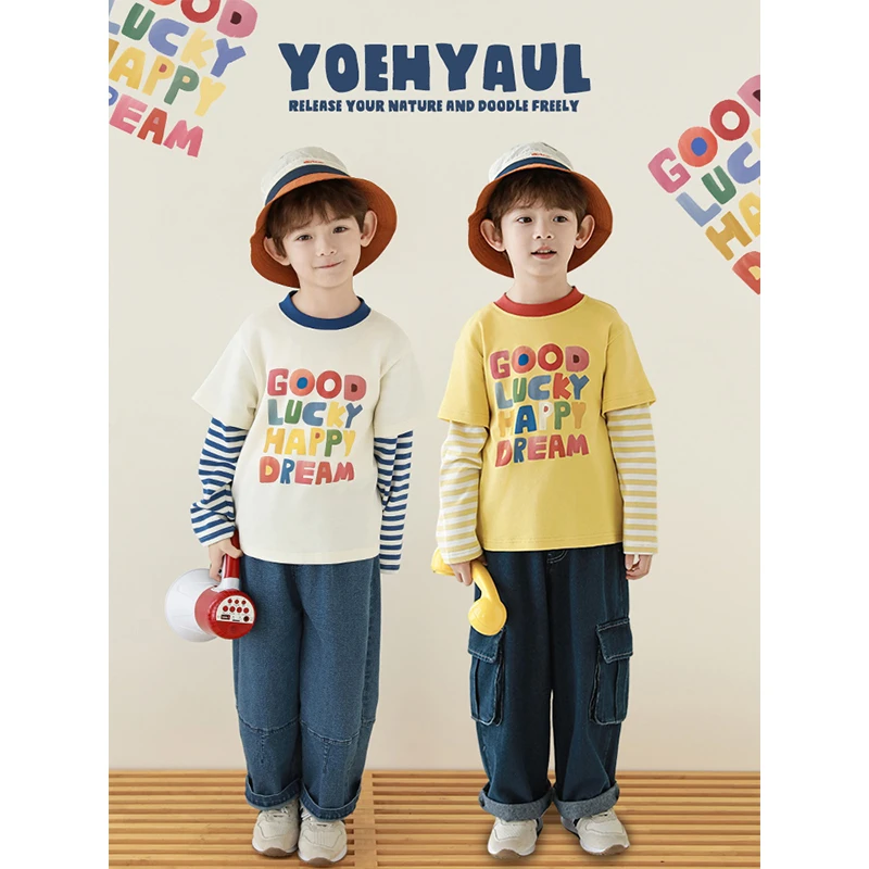 YOEHYAUL/幼悠【彩色跳跃】春三波儿童长袖童装撞色休闲T恤 N5996
