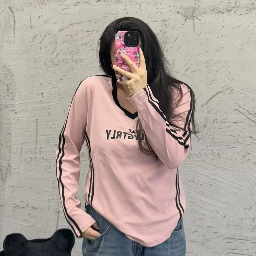 《大韩韩推荐》赛车服打底大码女装撞色大V领显瘦修身遮肉长袖内搭