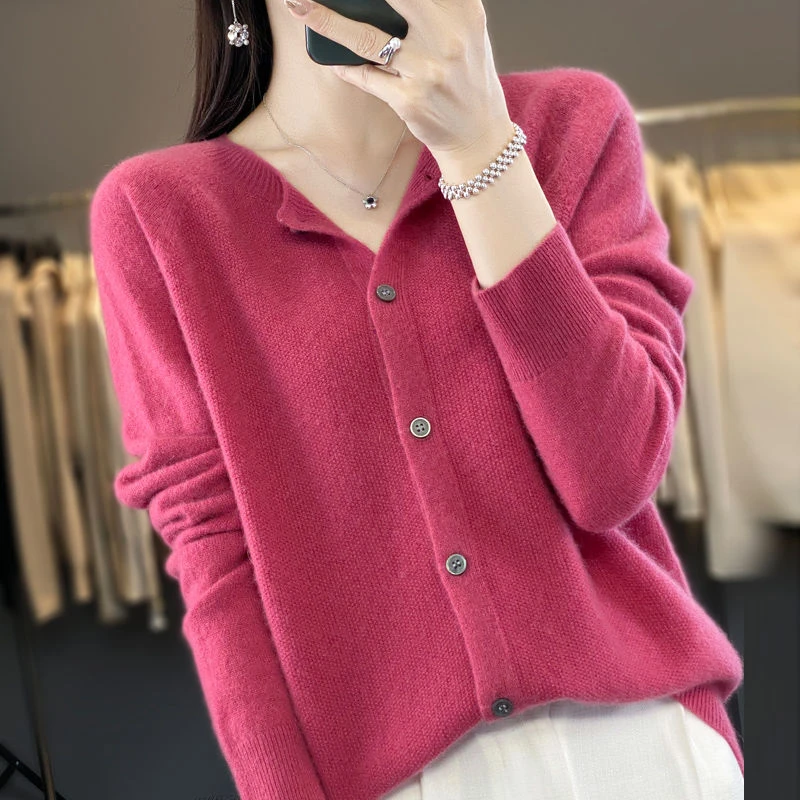 春秋一线成衣100%纯羊毛针织开衫圆领桂花针毛衣外套宽松薄款外搭