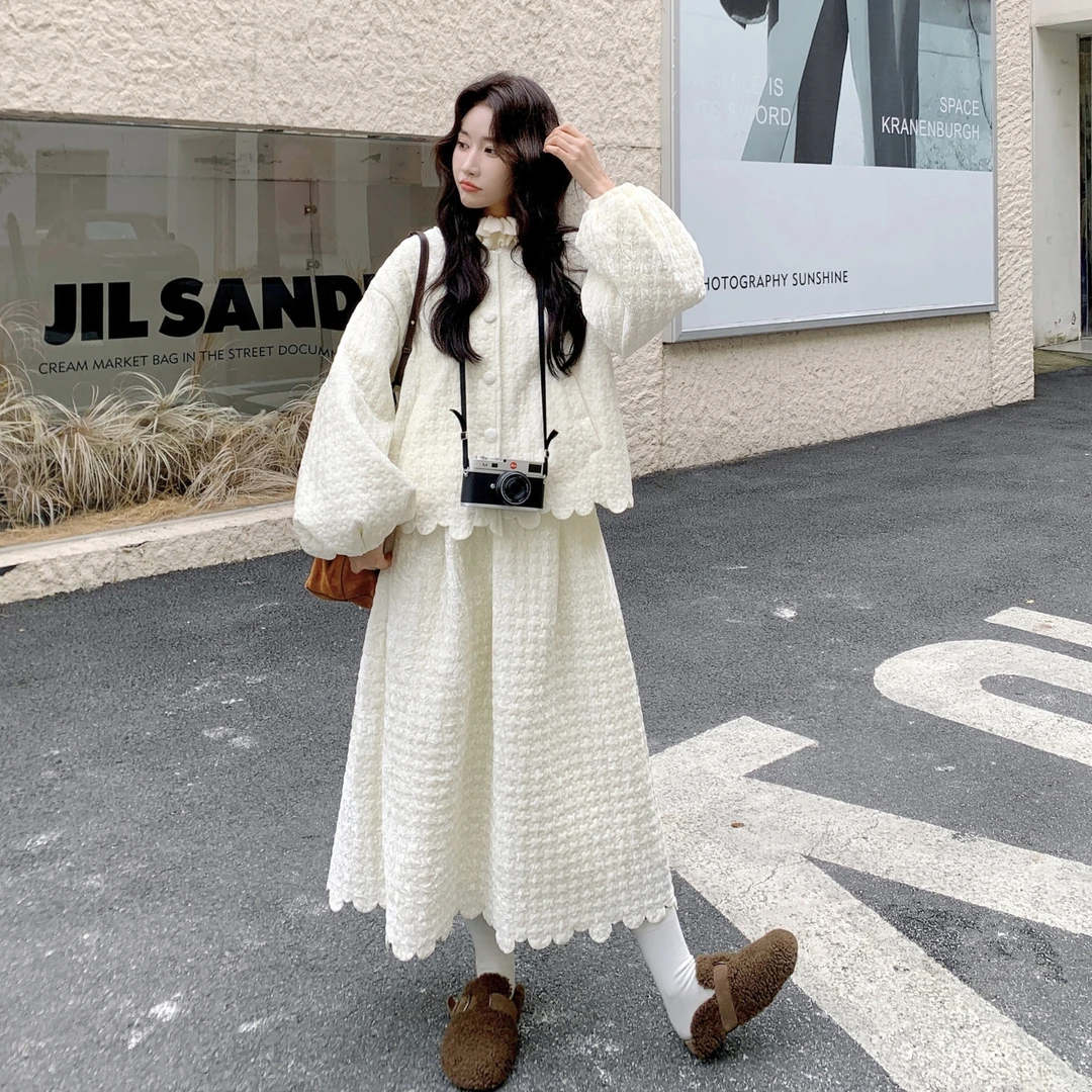 羽绒上衣套装裙两件套花苞绗棉灯笼袖羽绒内胆绒半裙加绒松紧腰