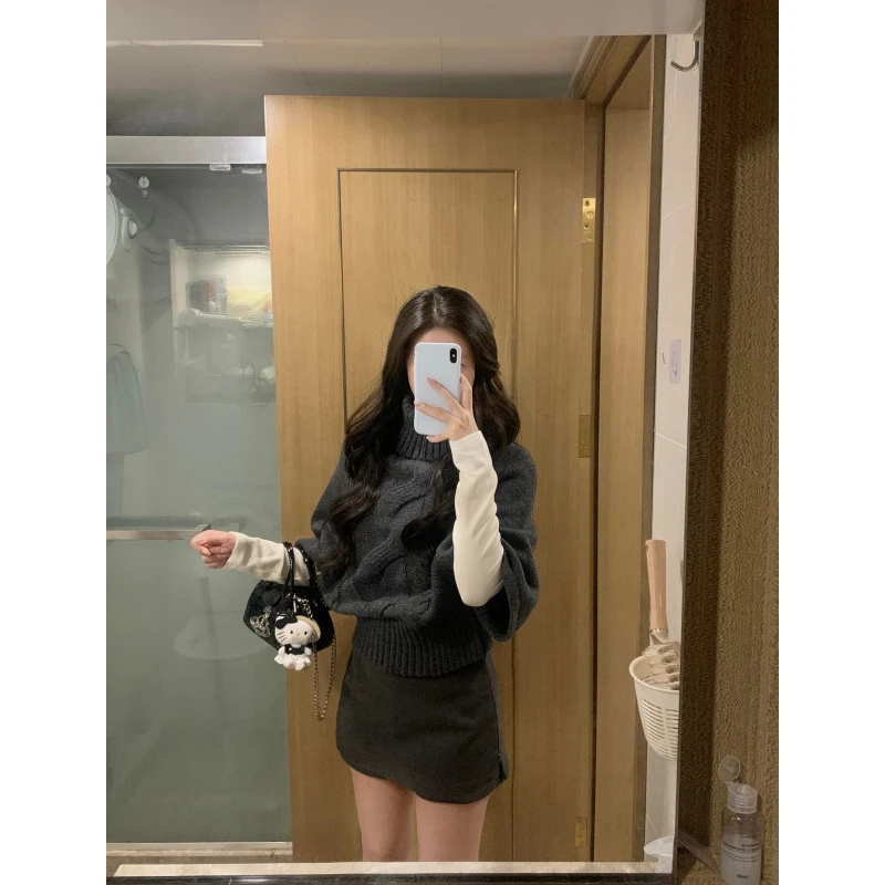 韩系一整套ootd穿搭松弛感复古麻花针织衫纯色修身打底衫高腰裙裤