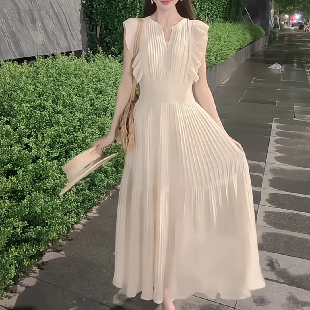 收腰百褶套头无袖连衣裙裙子女长裙夏季新款气质显瘦设计感穿搭