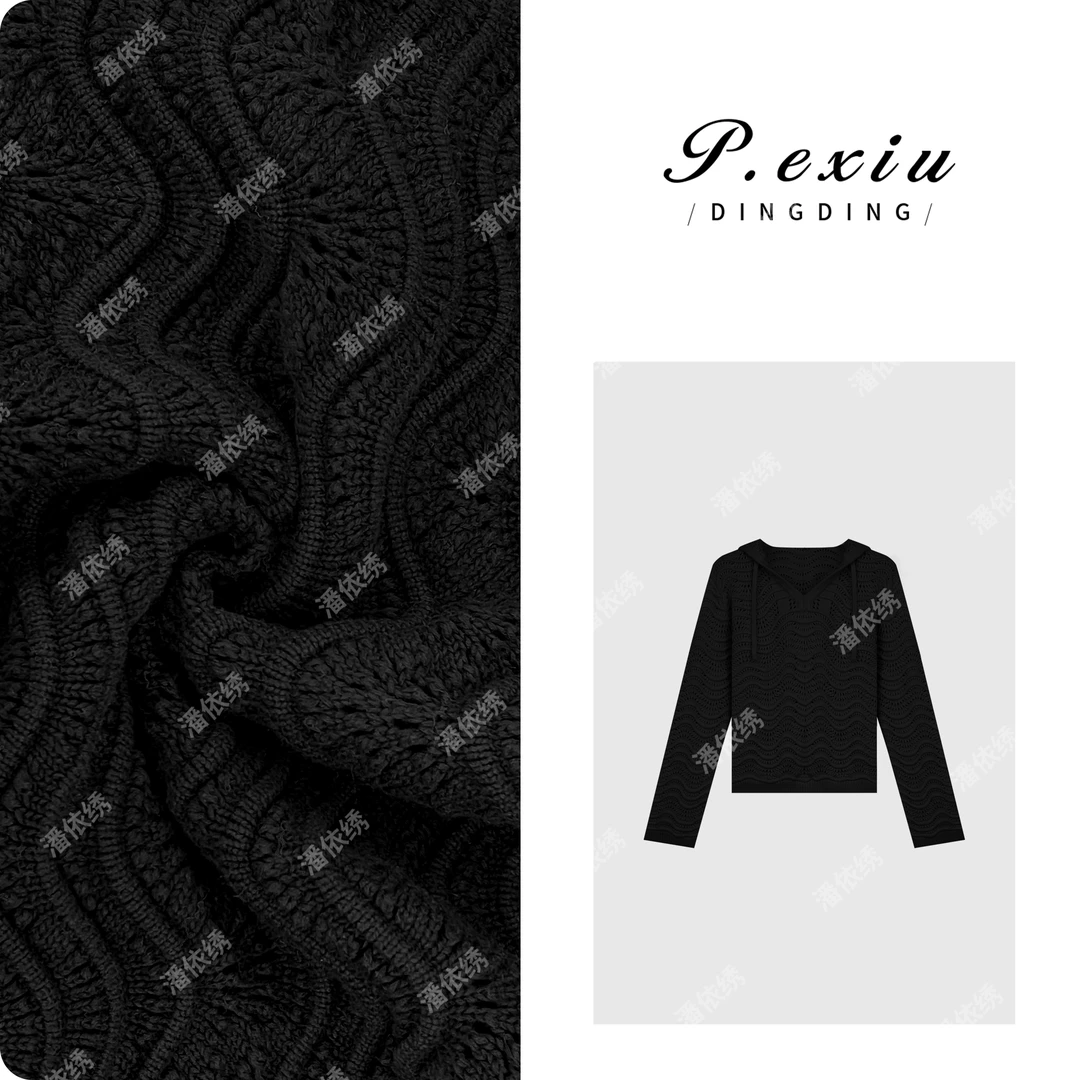 PanYiXiu/潘依绣100%棉波浪纹慵懒松弛连帽针织上衣 L2577