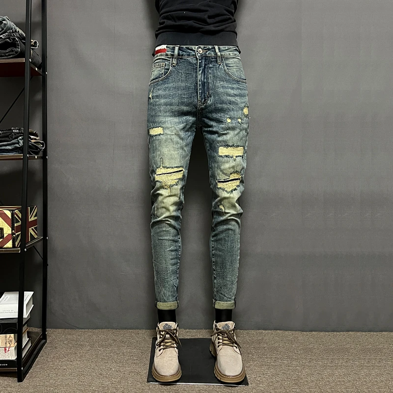 春夏复古蓝破洞牛仔裤男款修身小脚裤潮流百搭时尚长裤男2025新款