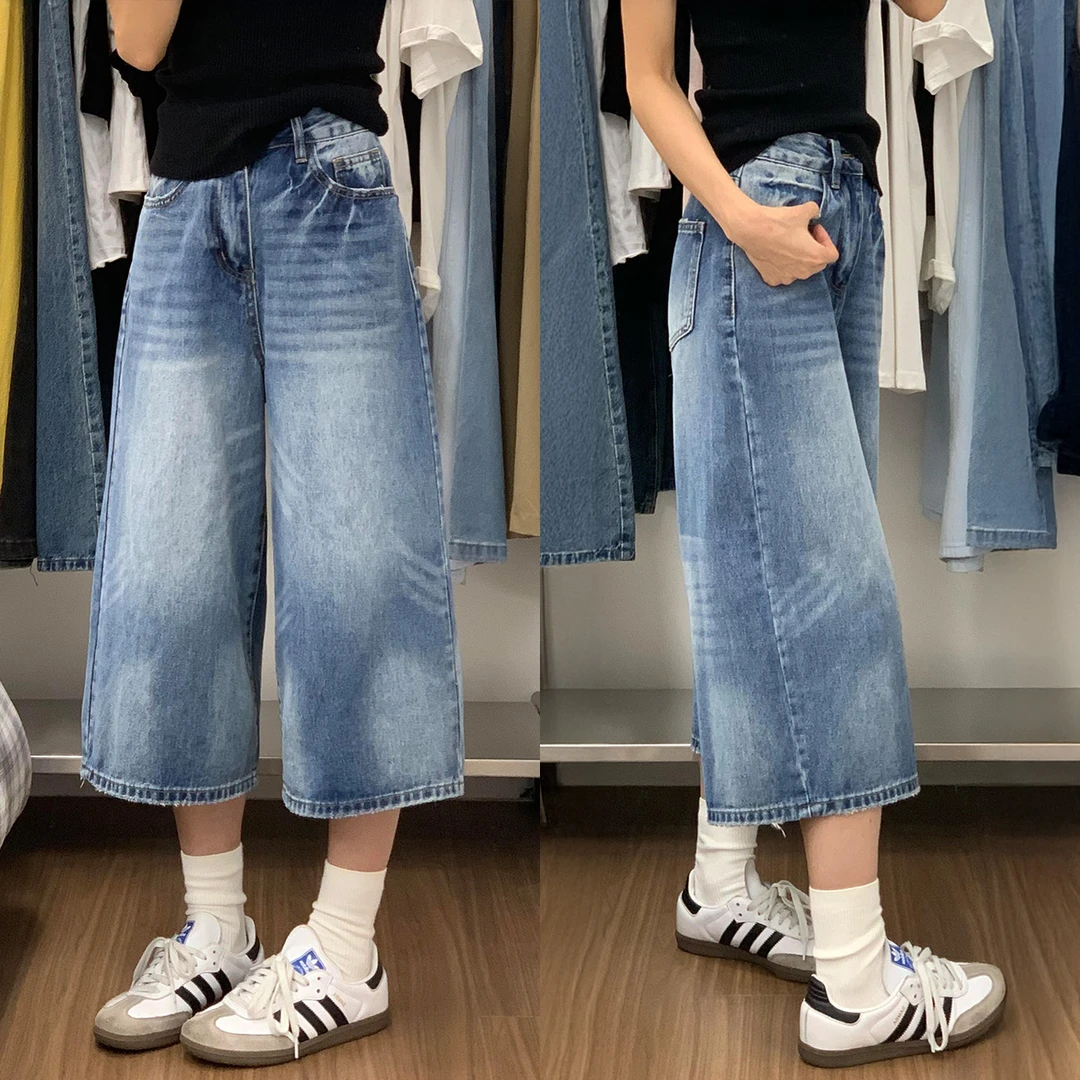 梨型身材美式直筒七分牛仔裤女夏薄款胖妹妹mm高腰宽松显瘦阔腿裤