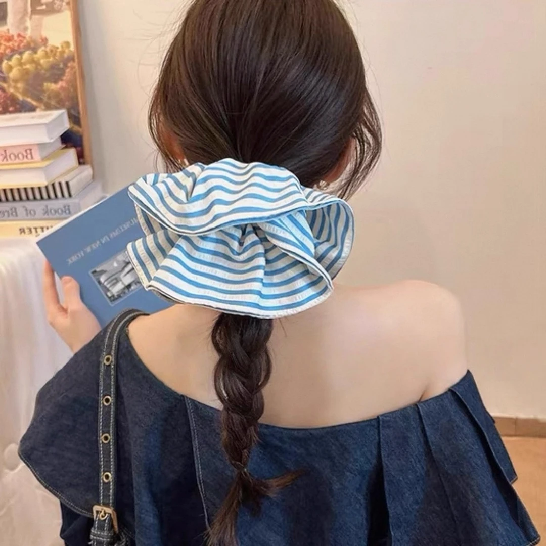 海蓝系韩女简约条纹大肠发圈东大门同款女发绳扎丸子头绳发饰时尚