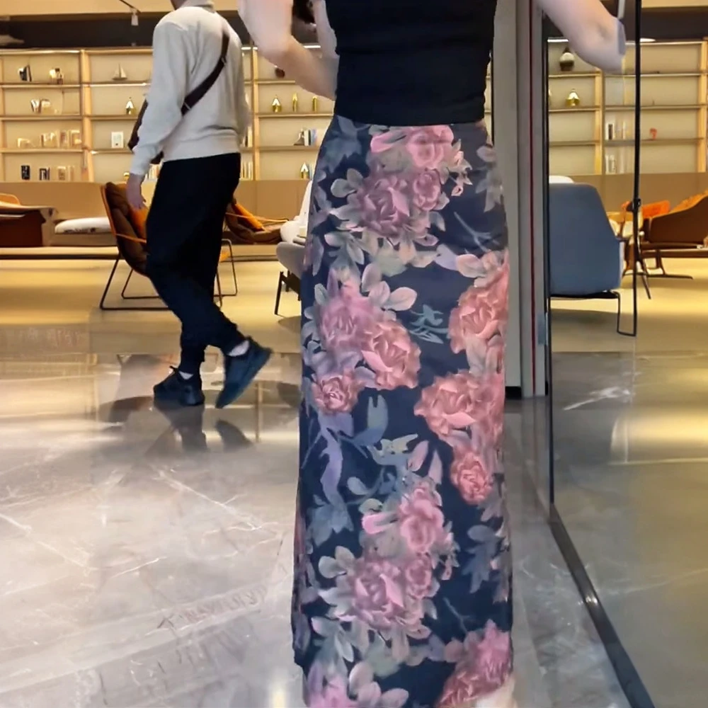 2025新款夏时尚花色开叉中长包臀裙欧货复古高腰a字碎花半身裙女