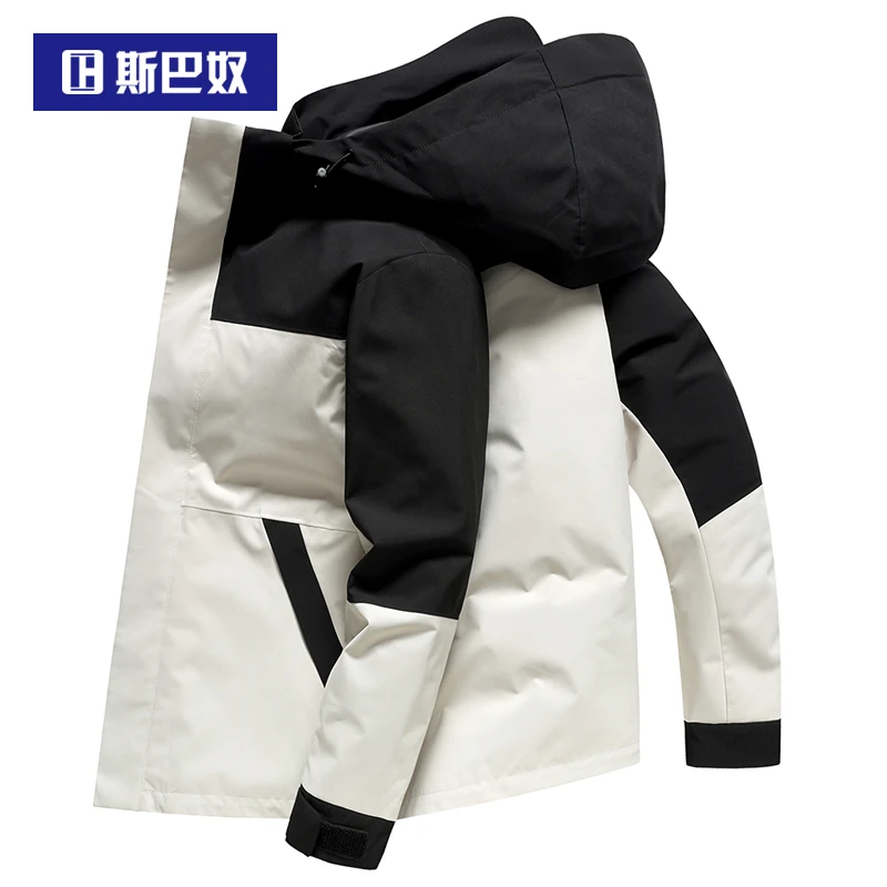 斯巴奴加厚撞色拼接羽绒服男装短款2025冬季新款拼色保暖鸭绒外套