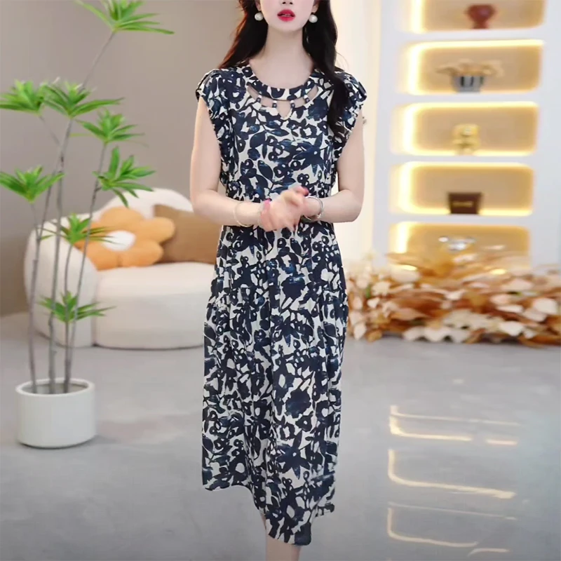 夏季新款优雅气质减龄时尚大气修身显瘦妈妈装中长款轻熟风连衣裙