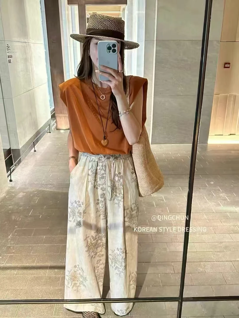 【英姐】新款韩版时尚百搭显瘦短袖休闲复古阔腿裤套装