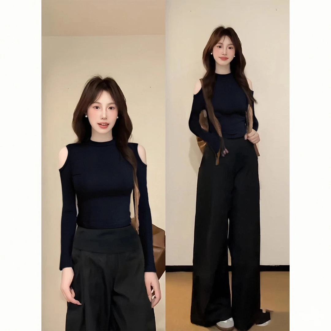 黑色半高领露肩打底衫女2025秋冬辣妹紧身性感长袖t恤短款上衣ins