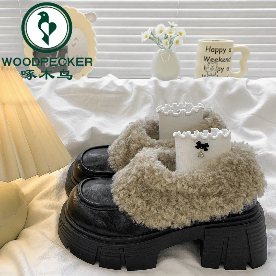 啄木鸟复古英伦风加绒乐福棉鞋女2025秋冬新款厚底玛丽珍小皮鞋