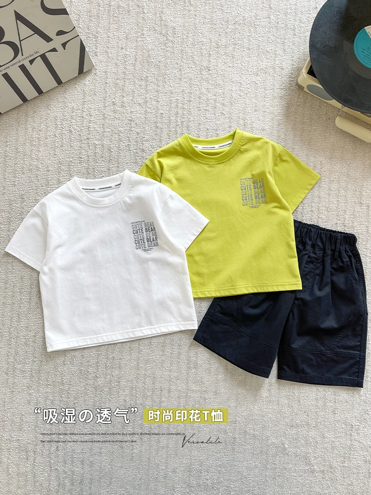 子航同款 夏季新款儿童韩版时尚字母小熊印花短袖xs7136