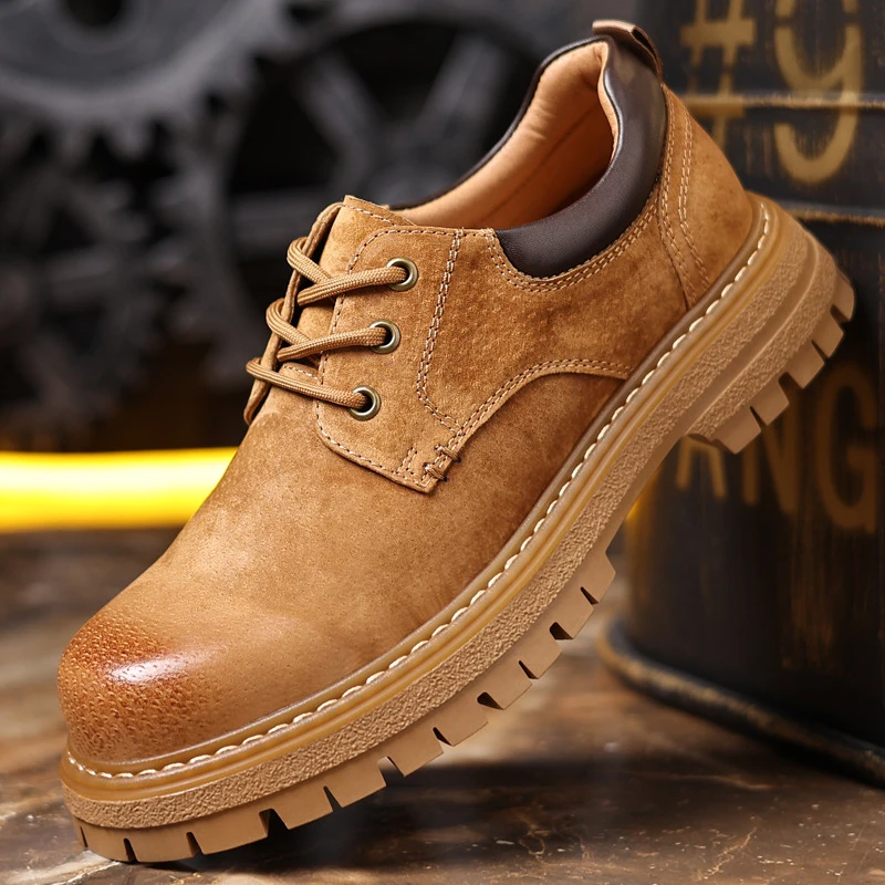 2025新款工装男鞋猪皮透气休闲鞋厚底圆头舒适百搭男鞋厚底男士