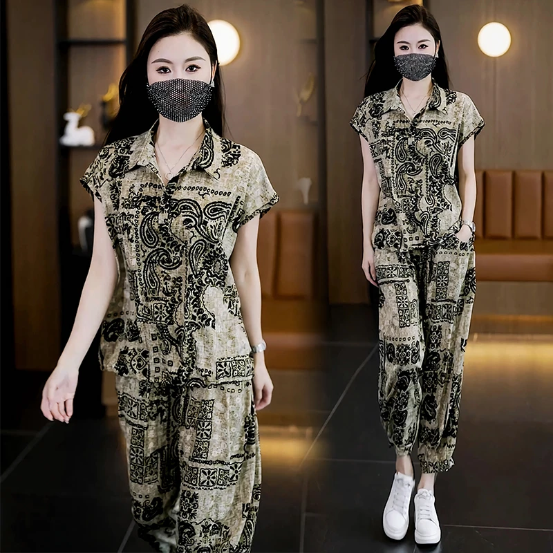 大码时尚休闲印花衬衣套装女2025夏季新款洋气显瘦减龄气质两件套
