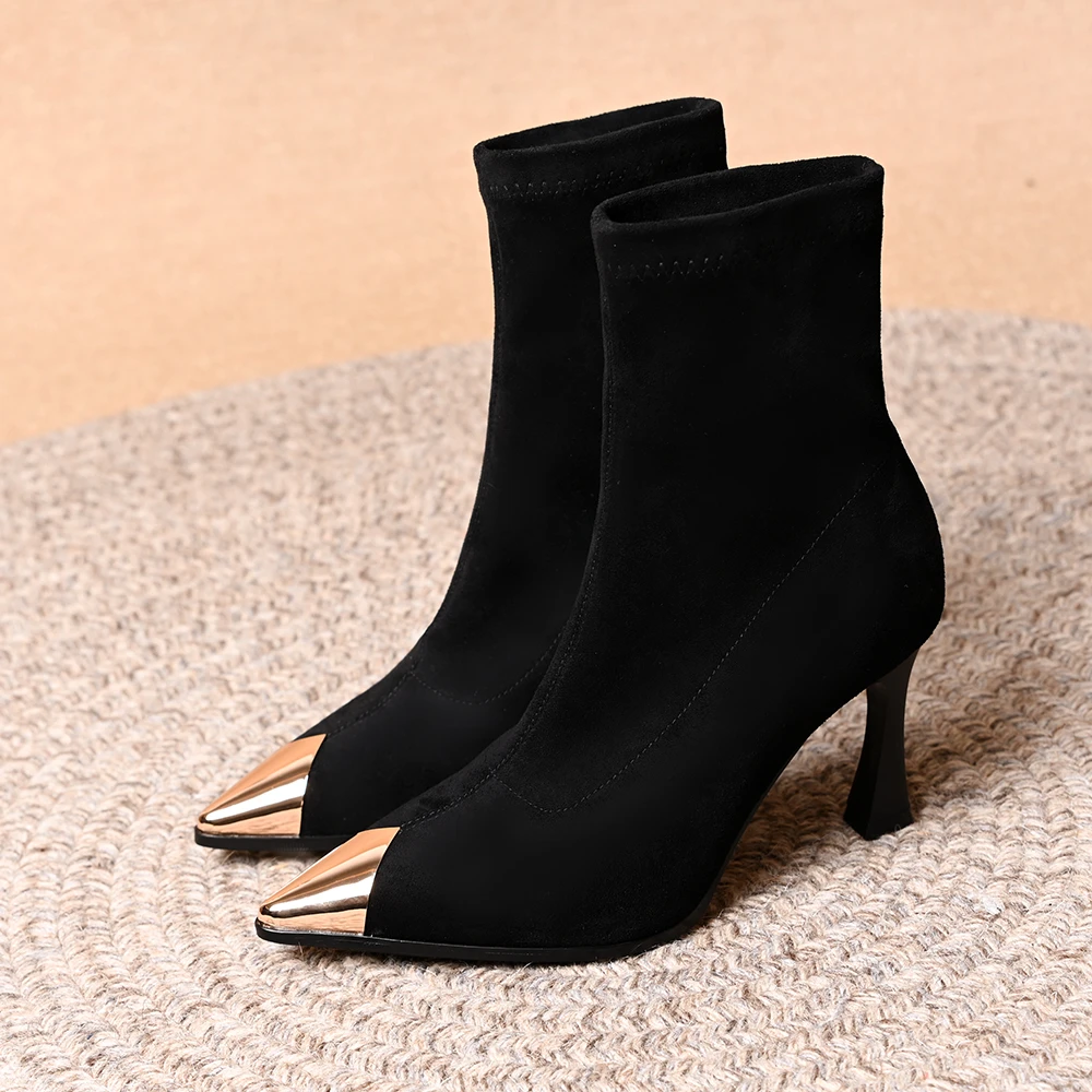 高跟弹力瘦瘦靴尖头短靴金属铁包尖粗跟25秋冬新款绒面中筒靴女靴