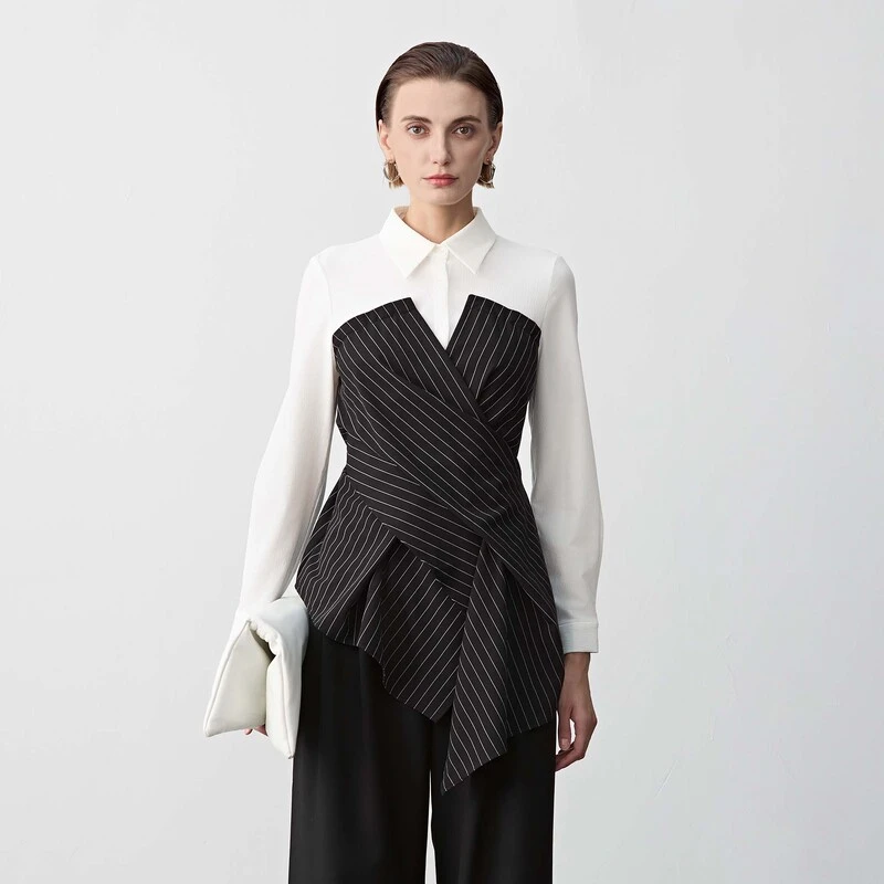 圣迪奥时尚气质复古翻领撞色条纹拼接收腰衬衫S24180503