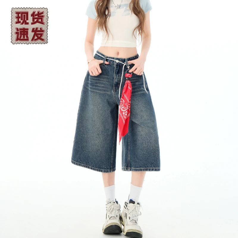 复古高腰阔腿牛仔短裤女夏七分裤宽松2025新款显瘦马裤直筒裤中裤