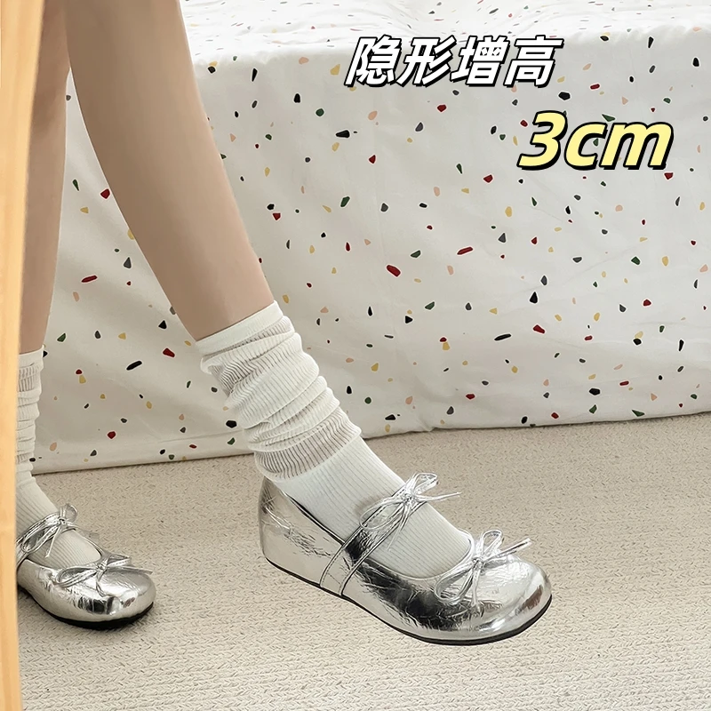 内增高银色玛丽珍鞋女2025新款百搭圆头可爱小皮鞋蝴蝶结浅口单鞋