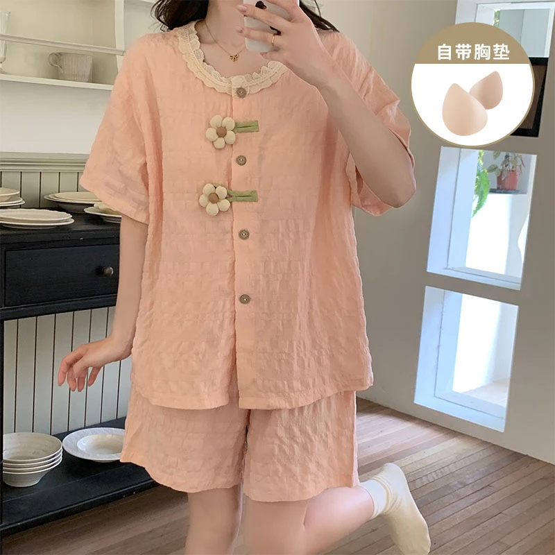 2025新款带胸垫甜美风粉色短袖睡衣女夏季爆款少女花朵家居服套装