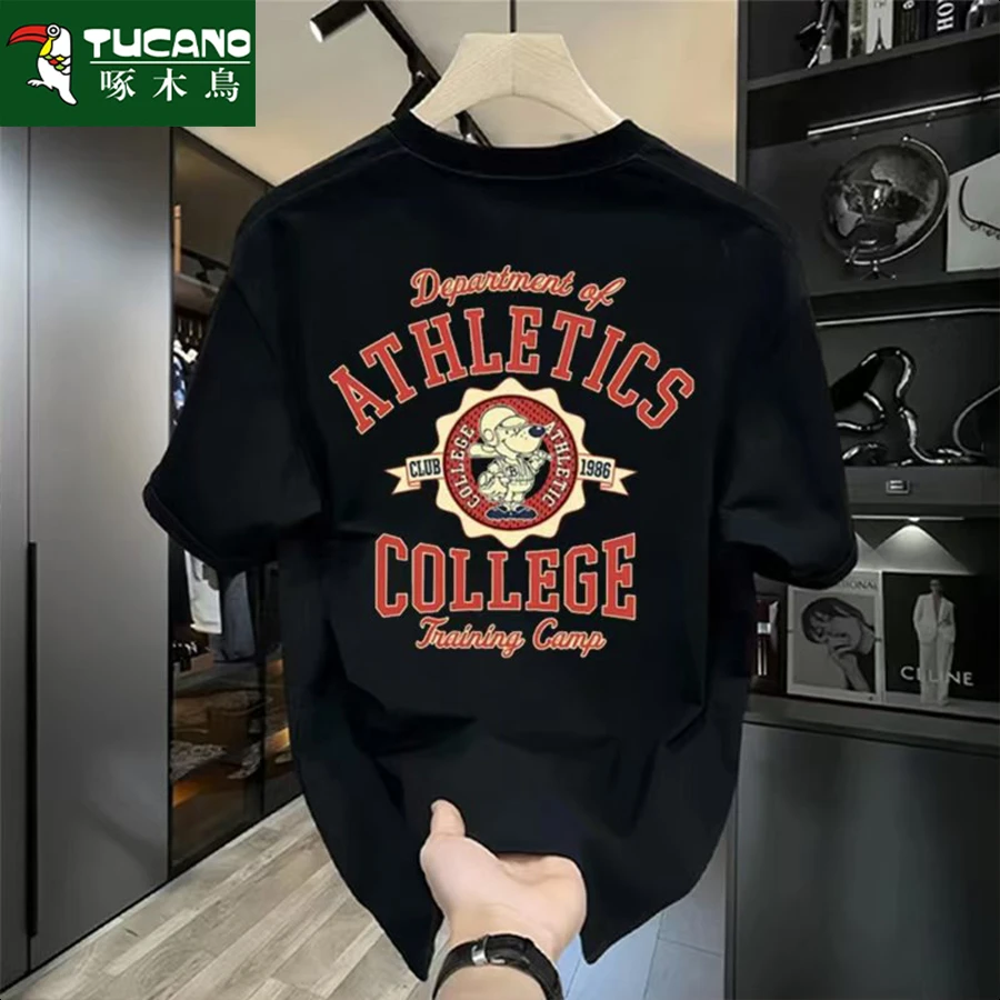 啄木鸟纯棉重磅男士T恤潮牌夏季圆领短袖新款纯棉宽松百搭上衣潮