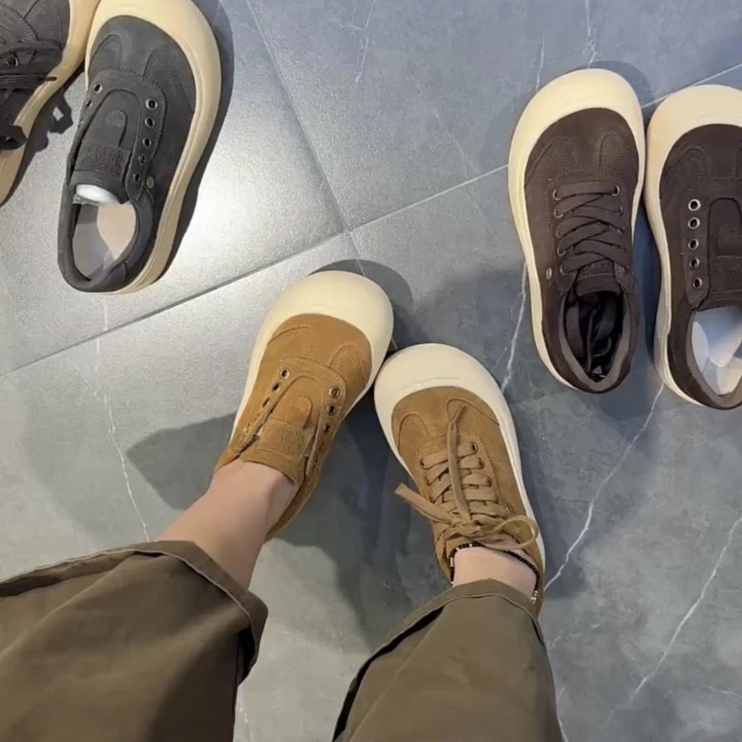2025年新秋季款翻毛皮奶酪面包鞋一脚蹬休闲鞋板鞋平底鞋两穿女鞋