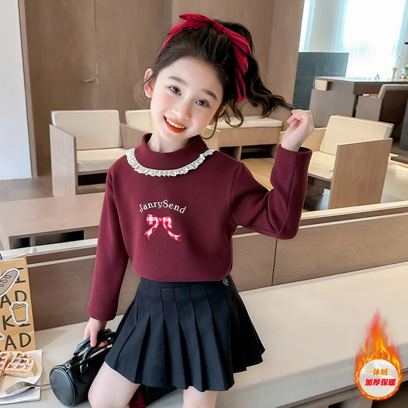 儿童刺绣半高领加绒打底衫t小童加厚T恤长袖女童内搭上衣冬装保暖
