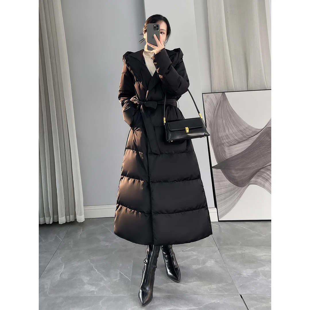 黑色连帽中长款保暖加厚羽绒服女2025冬季新款收腰显瘦白鸭绒外套