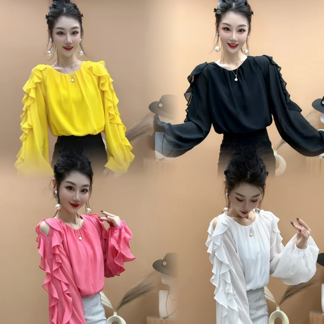 灵动荷叶边甜美温柔百搭时尚露肩上衣