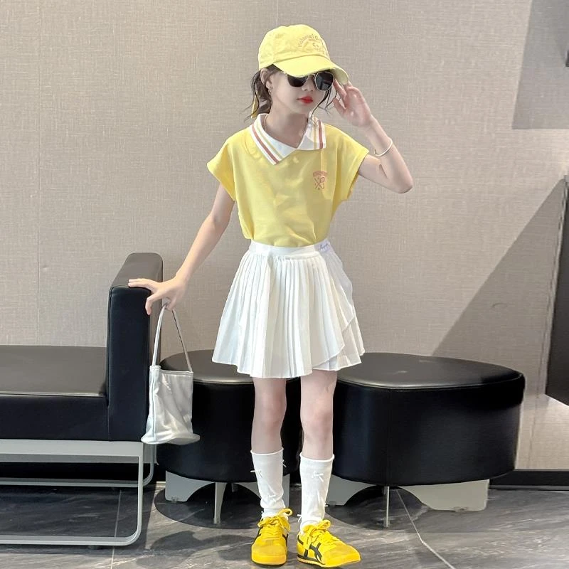 女童夏季套装2025新款洋气时髦女孩polo衫儿童短裙百褶裙运动潮酷