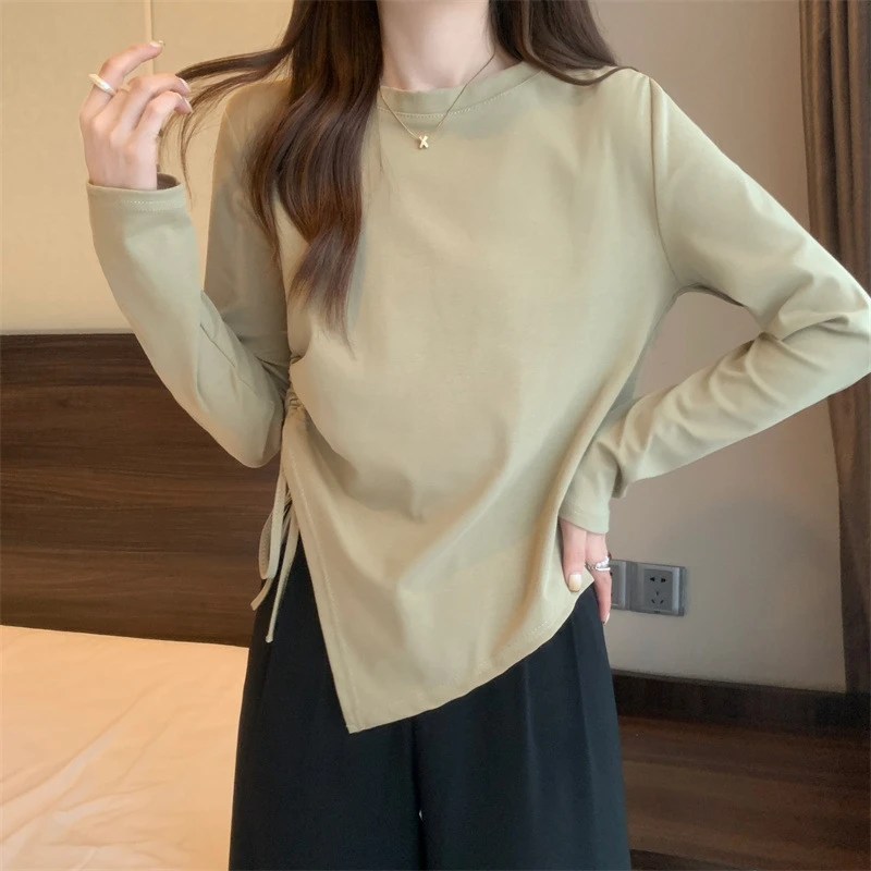 韩版百搭长袖t恤女春季2025新款设计感抽绳不规则显瘦内搭上衣服